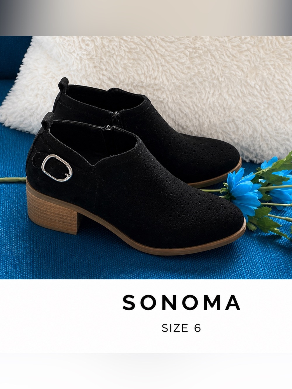 Sonoma Black Suede Ankle Booties with Chunky Heel/size 6